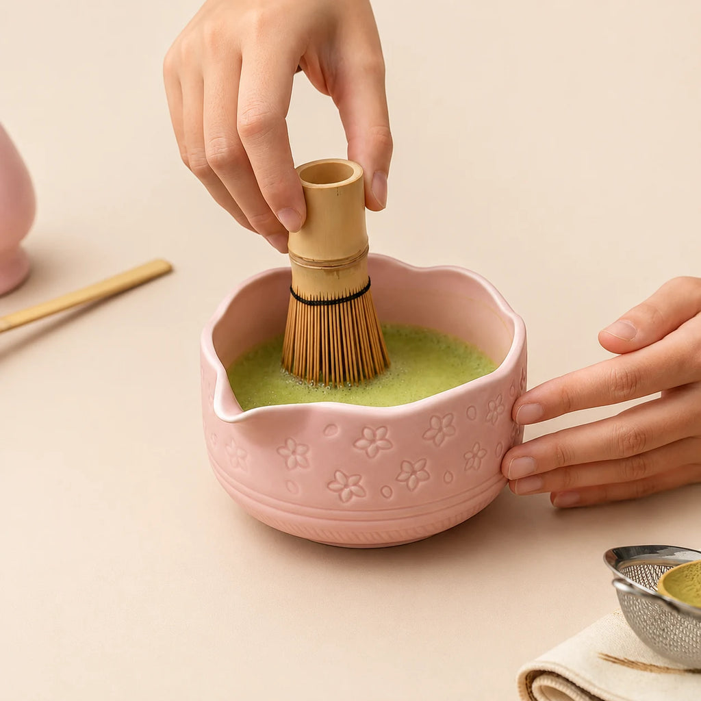 Fouettage du matcha dans le bol Komorebi rose uni