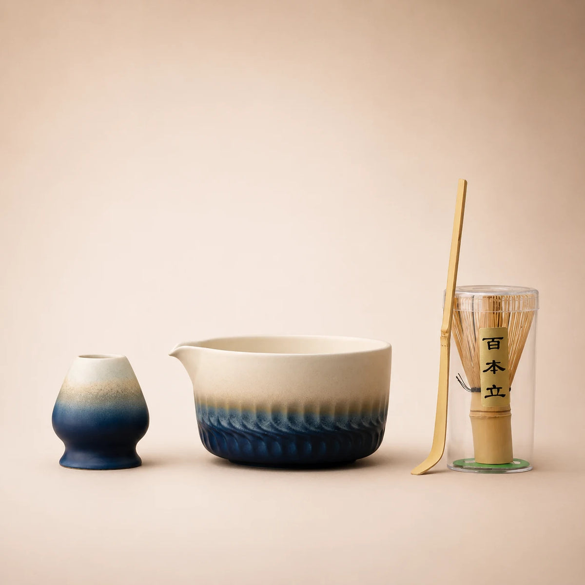 Kit matcha Genpu bleu ancien - bol verseur à glaçure dégradée avec support assorti
