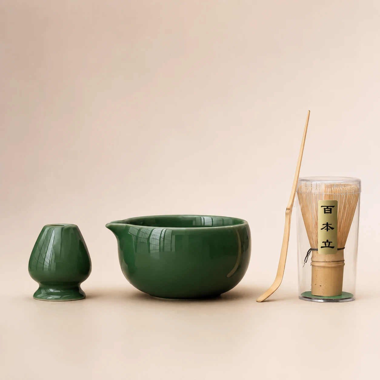 Kit matcha Haku vert bambou - bol verseur en céramique de Dehua avec chasen