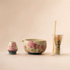 Kit matcha Hanami grandes fleurs sakura - bol verseur floral avec support assorti