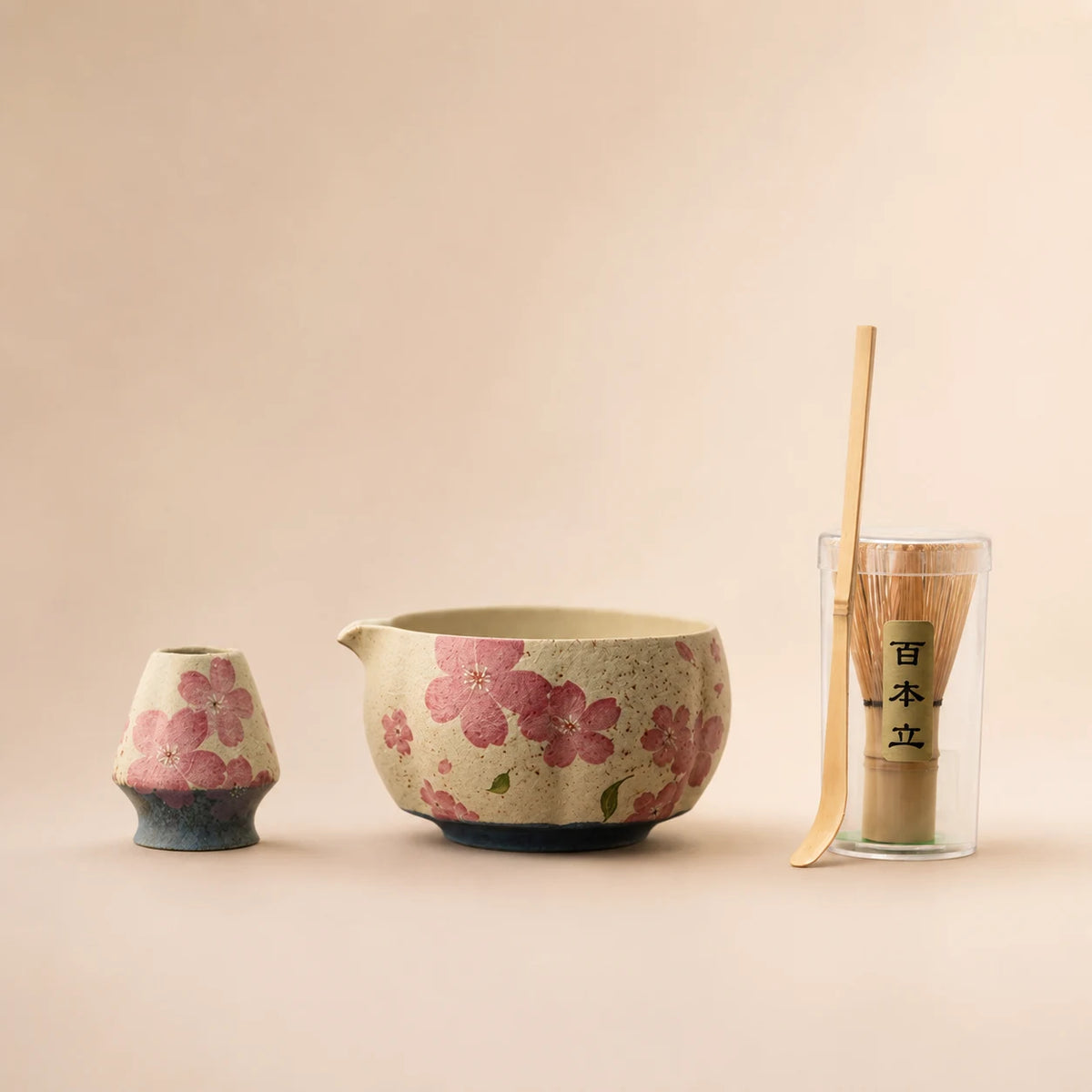 Kit matcha Hanami grandes fleurs sakura - bol verseur floral avec support assorti