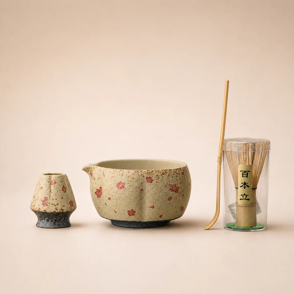 Kit matcha Hanami petites fleurs sakura - bol verseur floral avec support assorti