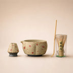 Kit matcha Hanami petites fleurs sakura - bol verseur floral avec support assorti
