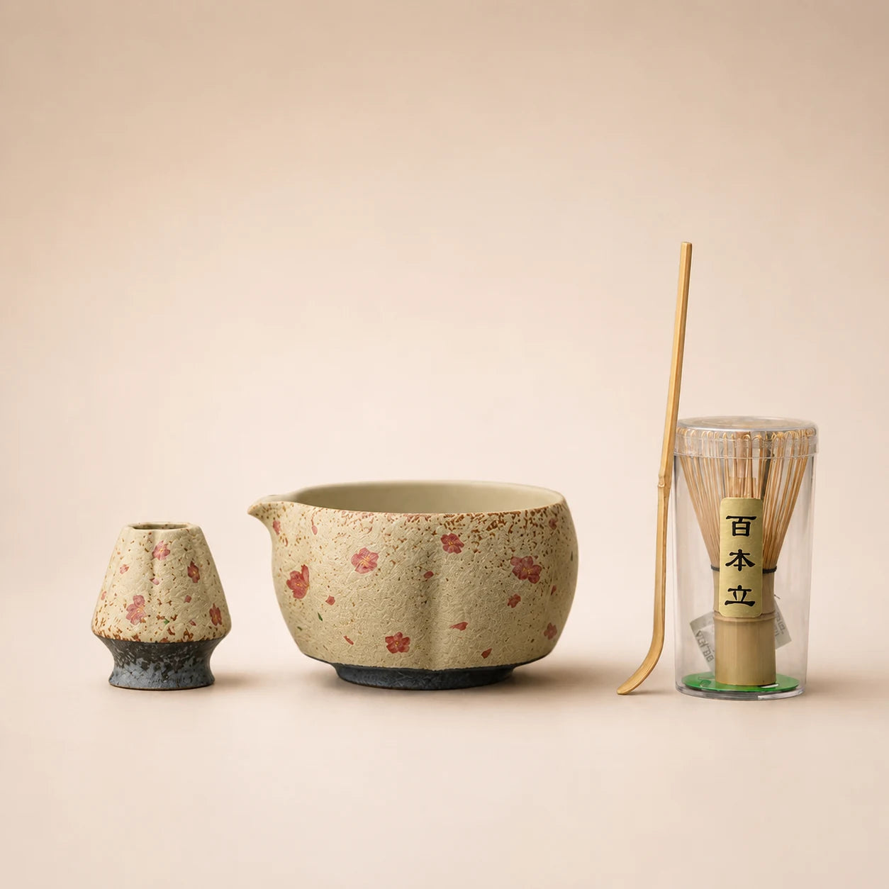Kit matcha Hanami petites fleurs sakura - bol verseur floral avec support assorti