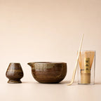 Kit matcha Nagare brun ambré - bol verseur rond en céramique avec support assorti