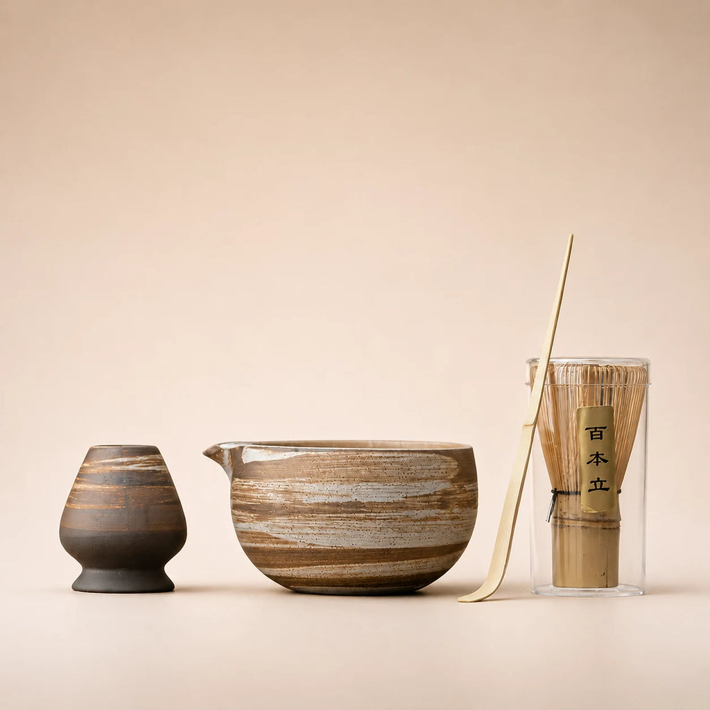 Kit matcha Nagare brun blanc - bol verseur rond en céramique avec support assorti