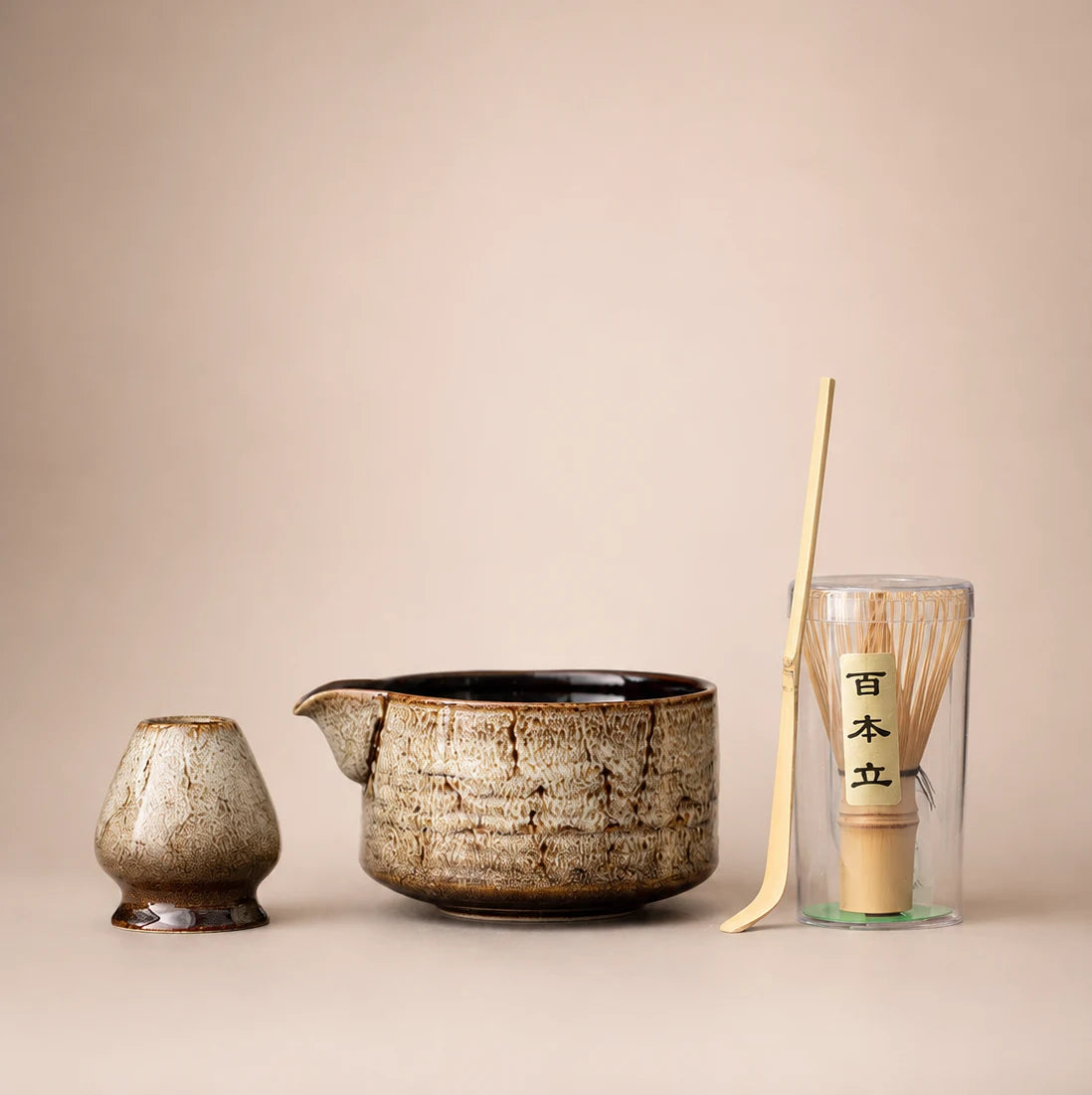 Kit matcha Ryusai crème craquelé - bol verseur 600 ml avec support assorti