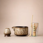 Kit matcha Ryusai crème craquelé - bol verseur 600 ml avec support assorti