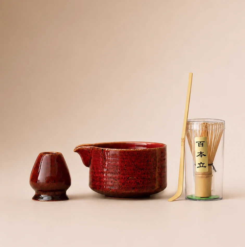 Kit matcha Ryusai rouge craquelé - bol verseur 600 ml avec support assorti