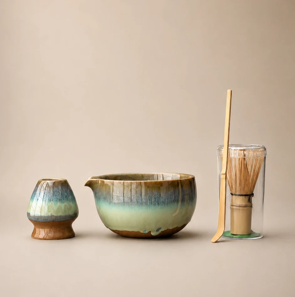 Kit matcha Yohen brun turquoise - bol verseur à glaçure changeante avec support assorti