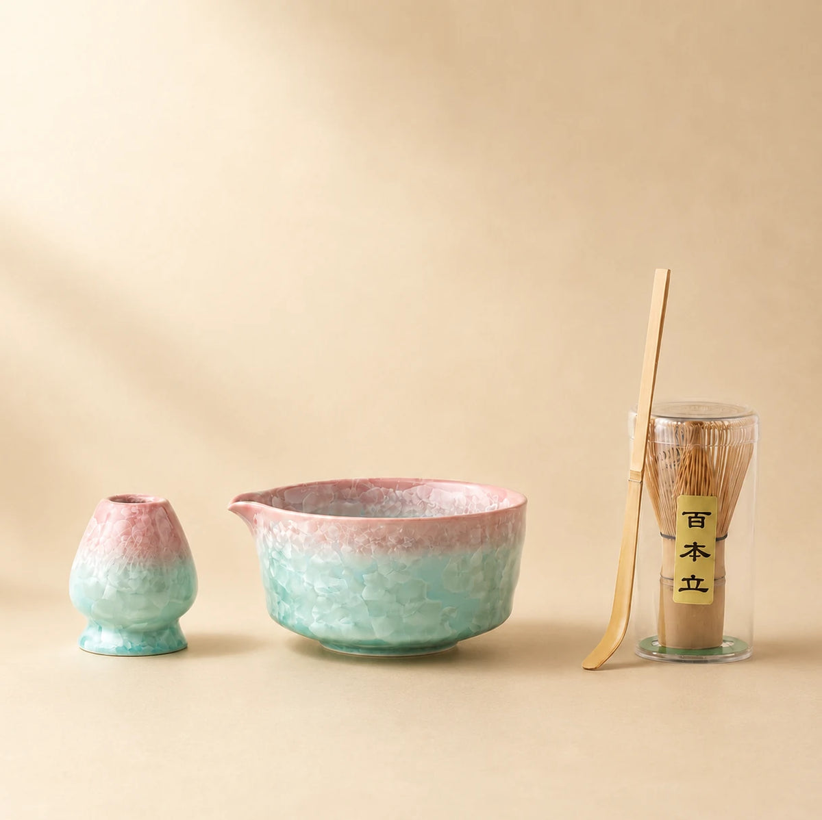 Kit matcha Yukihana rose vert - bol verseur à glaçure cristallisée avec support assorti