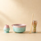 Kit matcha Yukihana rose vert - bol verseur à glaçure cristallisée avec support assorti