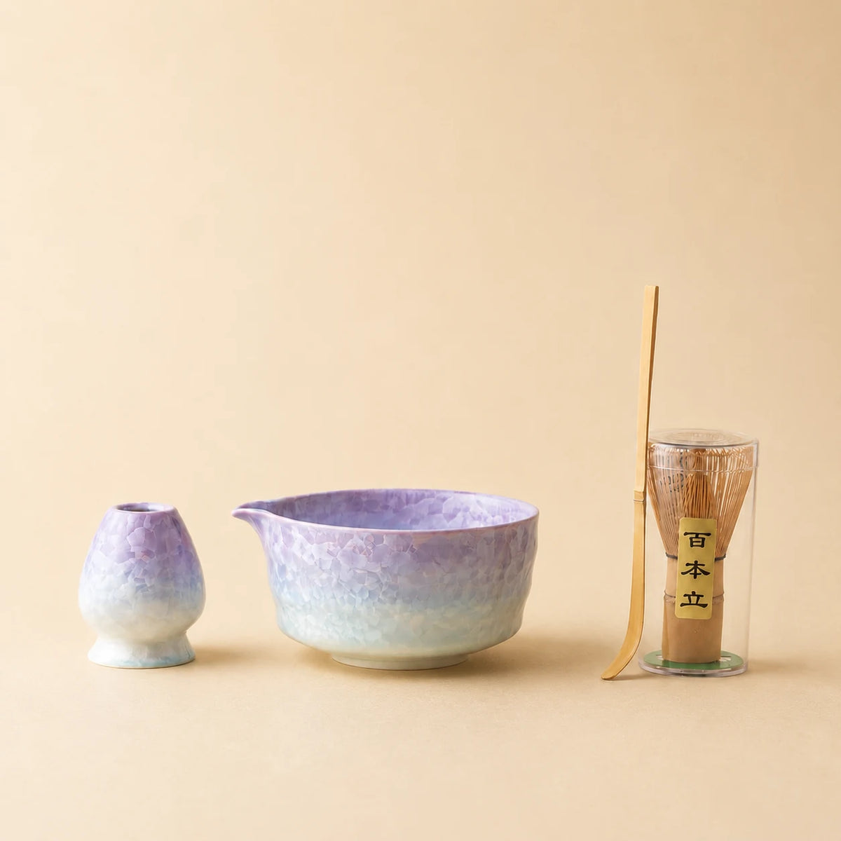 Kit matcha Yukihana violet blanc - bol verseur à glaçure cristallisée avec support assorti