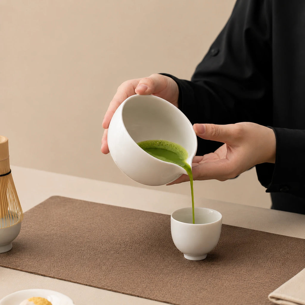 Service du matcha avec le bol verseur Haku blanc ivoire