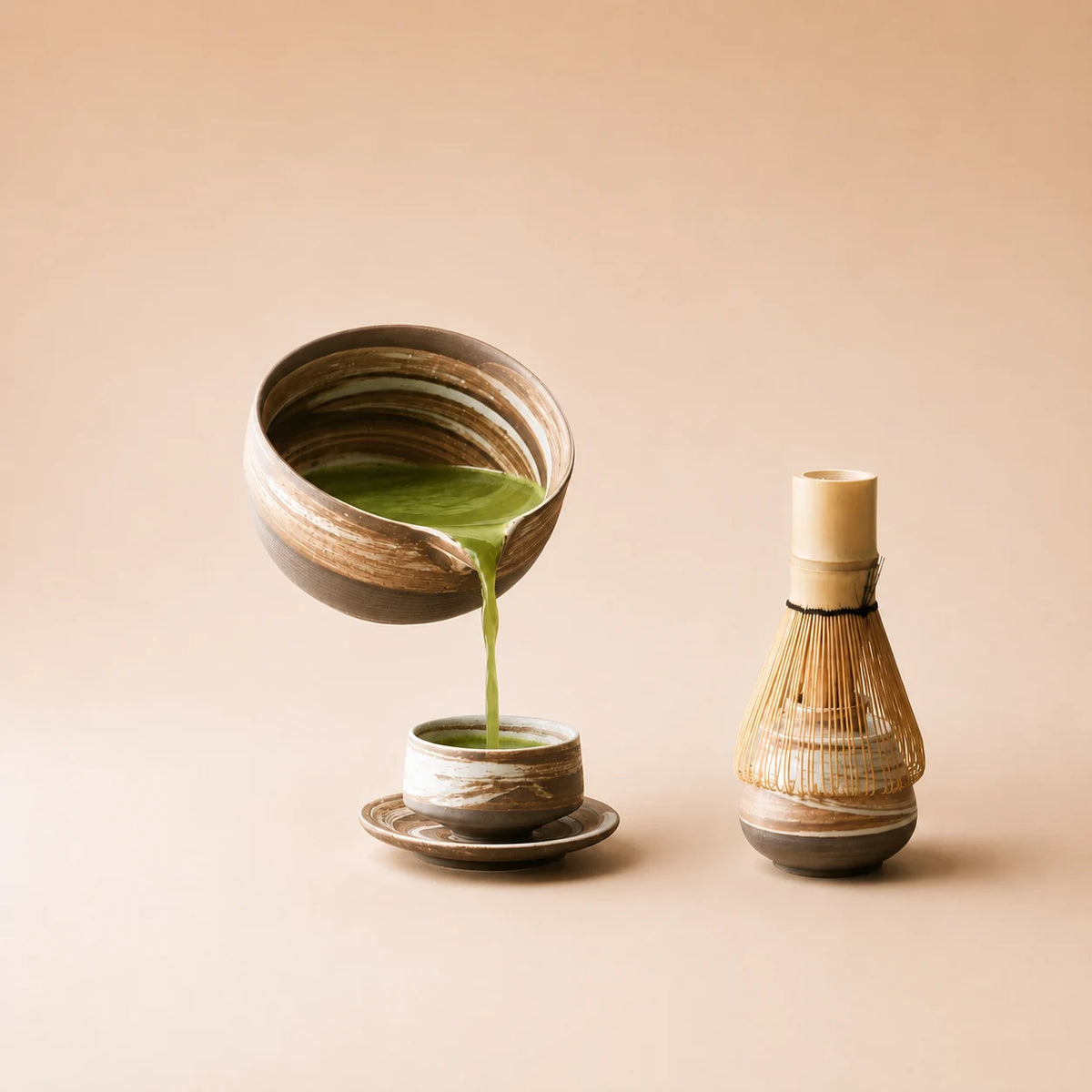 Service du matcha avec le bol verseur Sosogu brun blanc strié